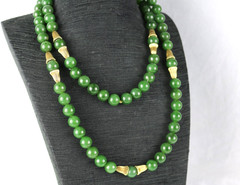 VTG 10mm Natural Nephrite Jade & Gold Plated Spacer Long Necklace 35″ 129.5g