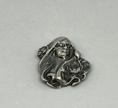 Art Nouveau Silver Plated Pewter Lady with Lotus/Waterlily Brooch Pendant