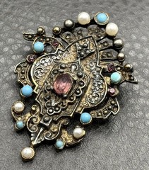 Vintage Etruscan Style Victorian Revival Brooch Faux Turquoise Rhinestone Ornate