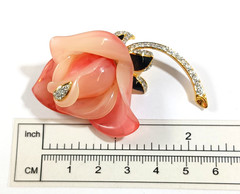 KJL Signed Pink Rose Flower Black Enamel Pave Rhinestones Brooch