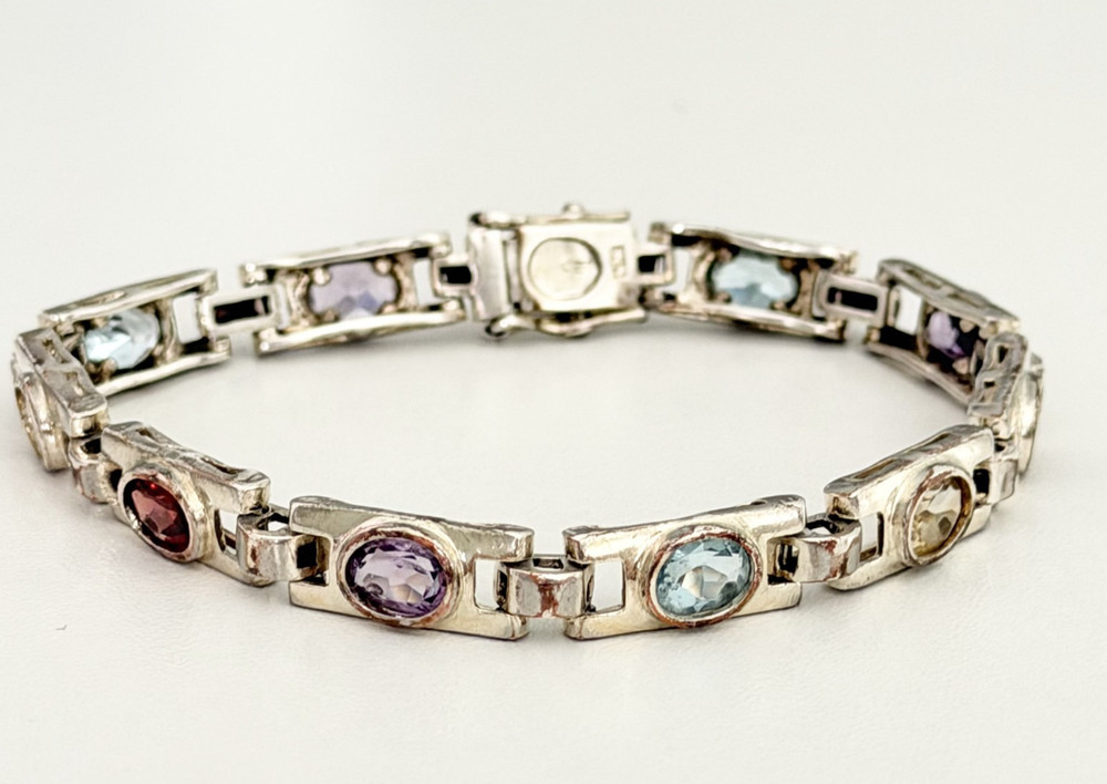 Vintage 925 Sterling Silver Genuine Multi Gemstone Tennis Bar Link Bracelet 7″