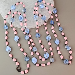 Vintage Art Deco Beaded Necklace Blue Givre Pink Milk Glass 59″ Long Flapper