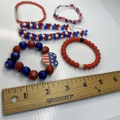 Lot Beaded Resin Acrylic Red Blue White USA American Flag Heart Retro Bracelets