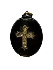 Vintage Victorian Revival Cross Black Photo Locket WWII Military Bugler Solider