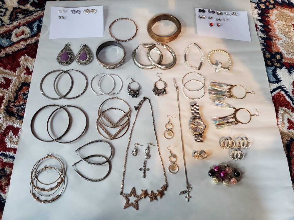 Huge Modern Costume Jewelry Lot 40+ Items Watch Necklace Earrings Trendy Bling