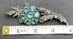 REJA Sterling Pave Rhinestone Unfoiled Faux Aquamarine Chatons Spray Flower Pin