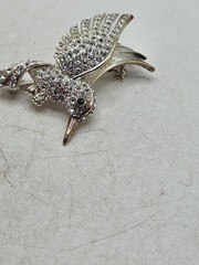 Vintage HummingBird In Flight Brooch Pin Silver Tone Rhinestones With Green Eye