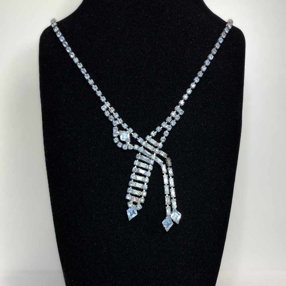 Vintage Silver Tone Baby Blue Rhinestone Asymmetrical Choker Necklace 14.5″