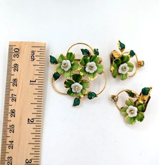 Vintage Brooch Earring Set Austrian Green Enamel Flowers Rhinestone Gold Tone
