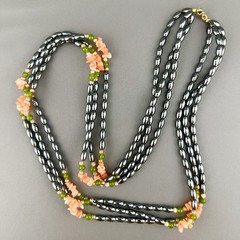 Vintage Beaded Necklace Hematite Shell Aventurine Triple Strand Gold Tone 24”