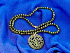 Vintage 32” Jade Bead Necklace 2” Hand-Carved Jade Pendant Taiwan 1960s