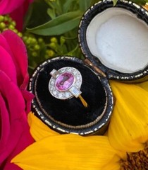 Art Deco Style Oval Pink Sapphire and Lab Created Diamond 14K White Gold FN Ring