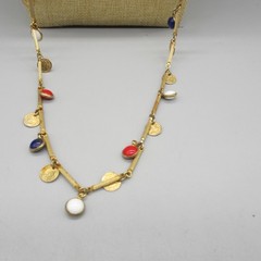 Vintage Open Bezel Necklace Faux Coin Station Gold Tone Red White Blue Rope 46″