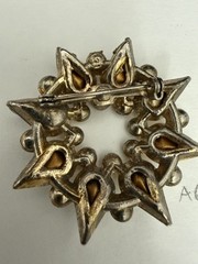 Vintage Opaline Glass & Rhinestone Spiked Circle Brooch Gold Tone Mid Century