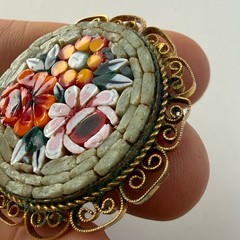 Vintage Micro Mosaic Floral Green Yellow Red Round Brooch Pin Italy