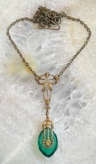 Vintage Necklace Art Nouveau Lavalier Brass Pendant Green Antique Czech Glass