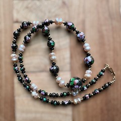 Vintage Chinese Cloisonne Necklace 26 Inch Floral Beads Baroque Pearls Flowers