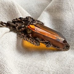 Antique Czech Amber Glass Filigree Pendant Necklace Rhinestone Chain Art Deco