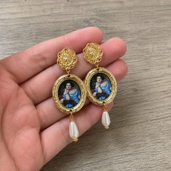 Vintage Portrait Pearl Drop Earrings Gold Baroque Victorian Rococo Dangle Gift