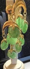 Vintage Crown Trifari Waterfall Faux Jade Lucite Gold Tone Dangle Clip Earrings