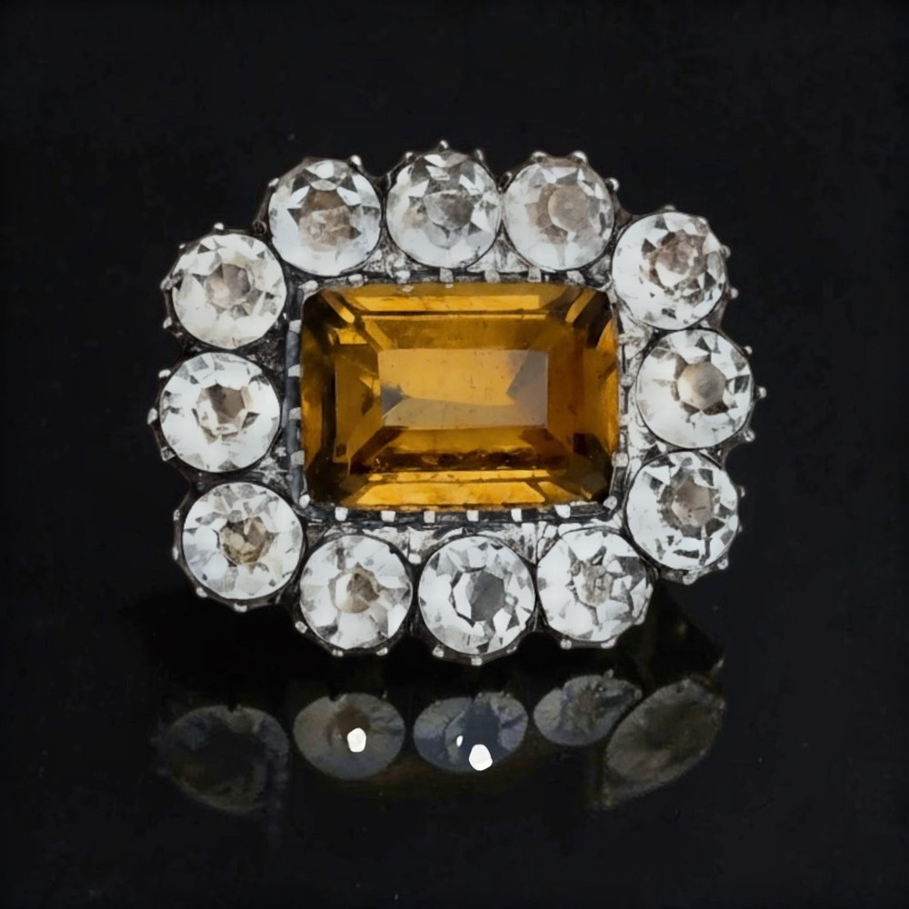 Antique Victorian Black Dot And Citrine Paste Halo Petite Gold Filled Brooch Pin