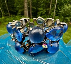 Vintage 7” Blue Rhinestone & Cabochon Stones Large Floral 5 Flowers Bracelet