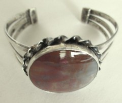 UNISEX HEAVY WIDE NAVAJO STERLING CUFF BRACELET w PETRIFIED WOOD, 51GR, 7 INCHES