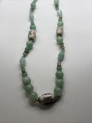 Vintage Chinese Hand-Painted Porcelain and Green Jade Beaded 34”Necklace