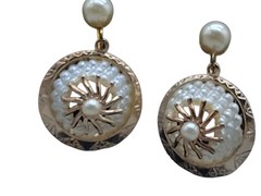 Vintage Pinwheel Faux Pearl Drop Screw Back Earrings Dangle Etched Gold Plated