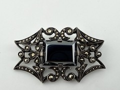 Antique Sterling Silver Unmarked natural hematite brooch Trombone Clasp 1.5”X1”