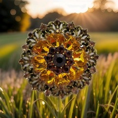 Vintage Style Filigree Amber & Brown Crystal Flower Brooch Gold Tone Rhinestone
