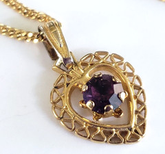 Vintage February Amethyst Gold Tone Heart Necklace & Stud Earrings Set in Card