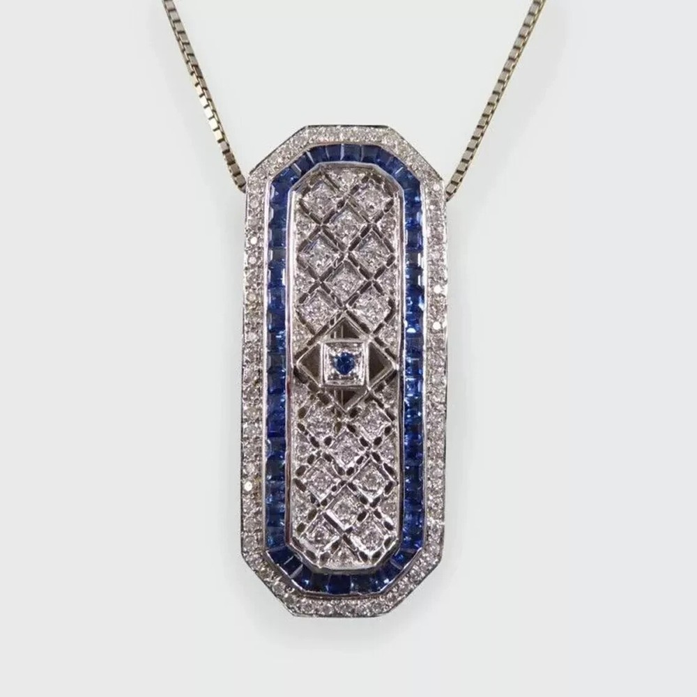 Art Deco Style Sapphire & Lab Created Diamond Wedding 14k White Gold Fn Pendant