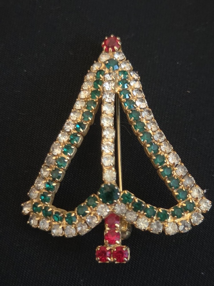 Vintage Gold Tone Green White Red Rhinestone Christmas Tree Outline Brooch