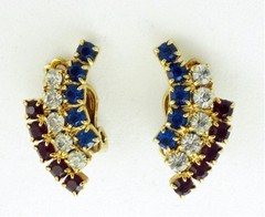 Vintage 50s Rhinestone Clip Earrings; Red White Blue Gold Tone Patriotic