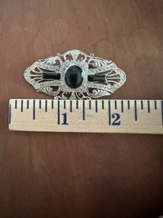 Victorian Reproduction Silver Tone Brooch w/ Black Enamel Accents