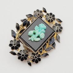 Nouveau Peking Glass Floral Victorian Mourning Brooch Style 1930s Vintage Brooch