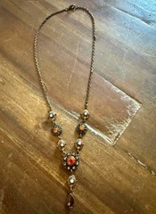 Vintage Nina Ricci Bronze Y Necklace Amber Orange Aurora Borealis Drop