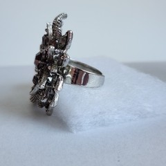 Adjustable Silver Tone Floral Rhinestone Statement Ring Smoky Crystal