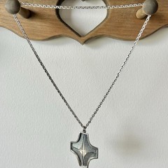 VTG Signed GUY VIDAL Modernist Brutalist Plated Pewter Cross Pendant/Necklace