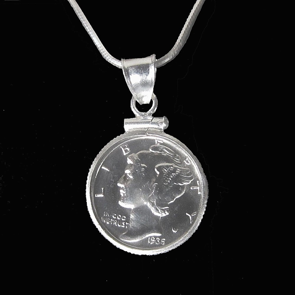 Coin Gift Set 90% Silver Mercury Dime Sterling Silver Bezel Sterling Snake Chain