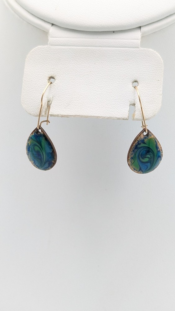 Enamel on Copper Dangle / Drop Earrings W/ 14kt Gold French Wire Clasp