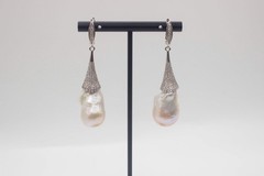 2.6” White Baroque Flameball Pearl Drop Earrings CZ Leverback Bridal Gift