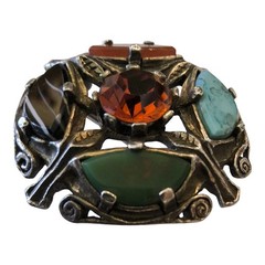 Vintage Miracle Celtic Brooch Scottish Agate Style Glass/Rhinestone Multicolor