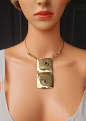 LILLO Israel Vintage Modernist Brass Pendant Necklace Neck Ring Cabochon Signed