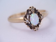 ANTIQUE VICTORIAN 10K GOLD ROSE CUT DIAMOND & COLORFUL OPAL RING sz 5