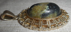 Oval 2″ Multi-color Glass Jasper Gemstone Cabochon Setting Gold Tone Pendant