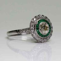 Art Deco Style Lab Created Diamond & Emerald Wadding 14K White Gold Finish Ring