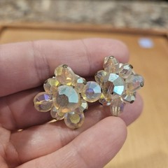 Vintage AB Crystal Flower Cluster Clip Earrings Heavy Glass Aurora Borealis