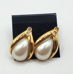 AVON Tear Drop Faux Pearl Two Rhinestone Gold Tone Pierced Earrings Signed